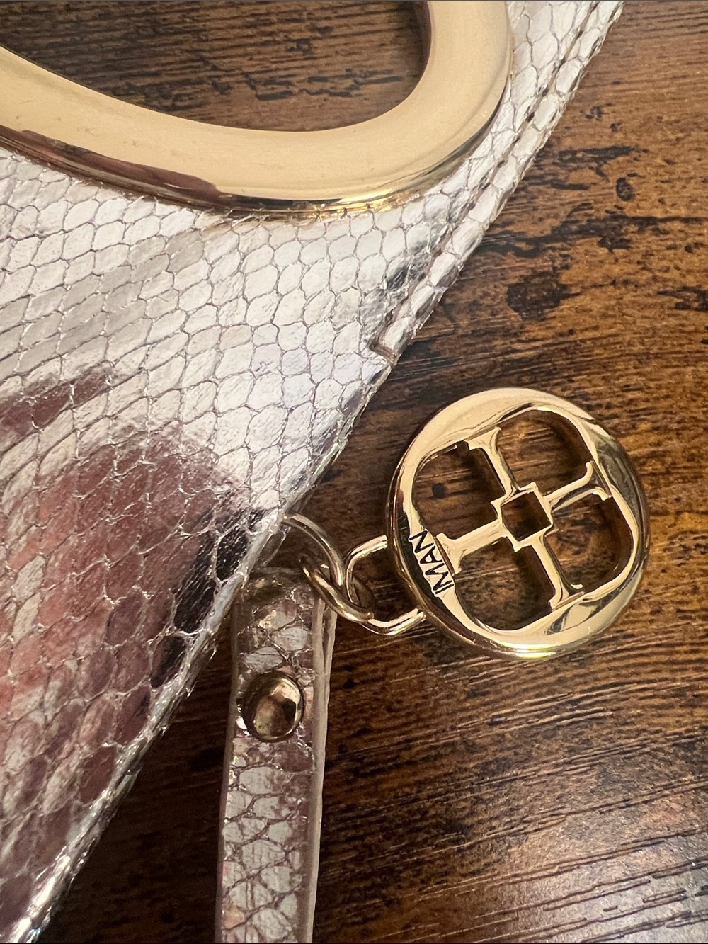 Metallic Silver Snake-Embossed Wristlet Clutch
